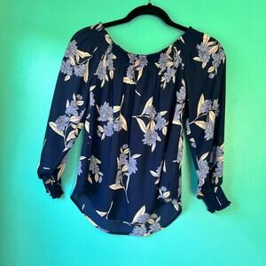 Express Womens Navy Cold Shoulder Shirt Top Floral Design